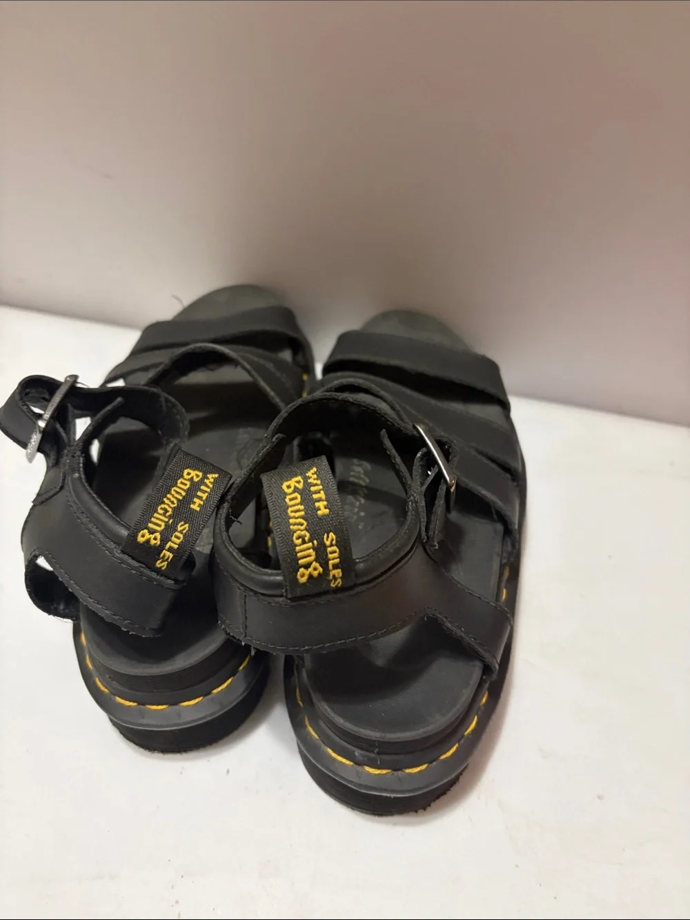 Dr Marten Blaire Black Leather Strappy Sandals with Yellow Stitching Sz 5 Women